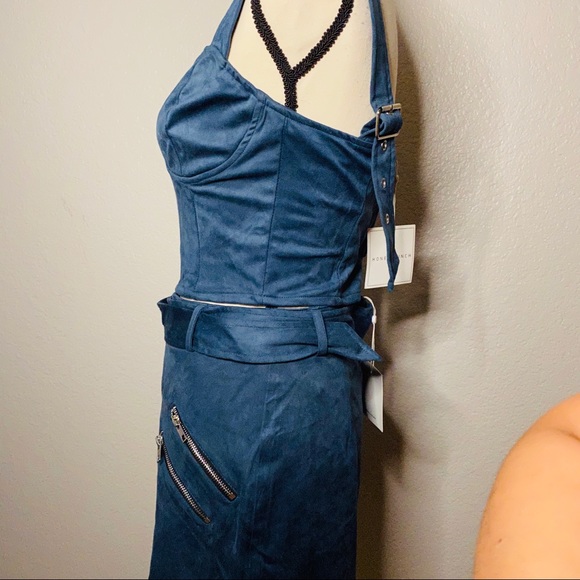 NEW Teal Suede 2 Piece Skirt and Crop Top Set - Picture 4 of 7